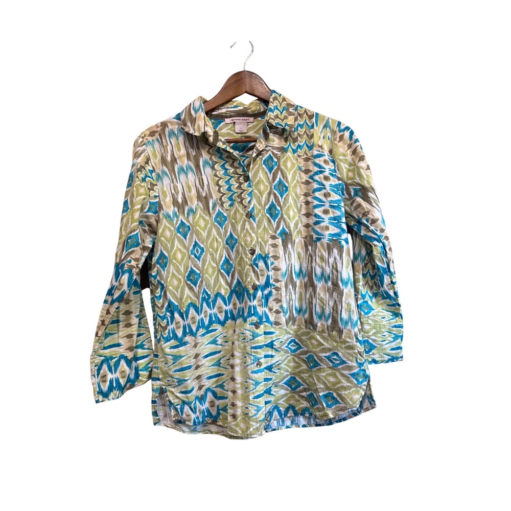 Allison Daley Button Down Shirt Womens S Green Blue Ikat Patchwork Excellent